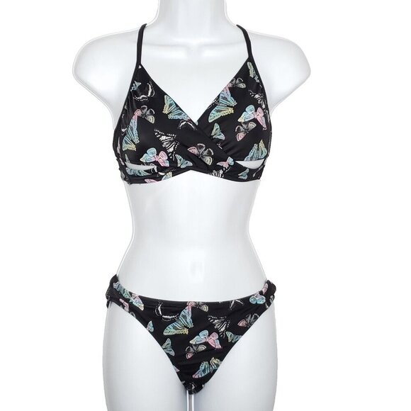 Victorias Secret PINK Bikini Swimsuit 2pc Sz M Black Butterflies - Picture 1 of 5
